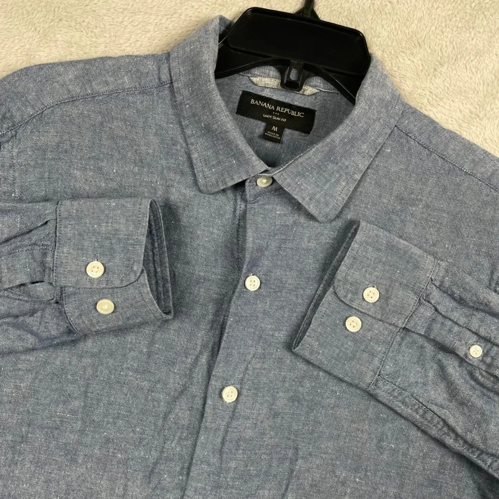 Banana Republic Shirt Mens Medium Slim Fit Blue Cotton Linen Button Up Preppy